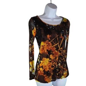 Vtg 90s Y2k Vivienne Tam Micromesh Long Sleeve Black Floral Shirt